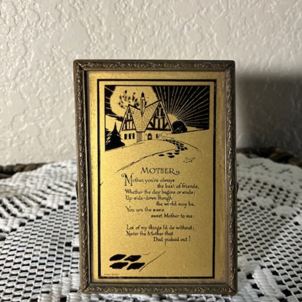 Vintage Brass Frame with Stand Beveled Mirror on Back & Mothers Poem on Front